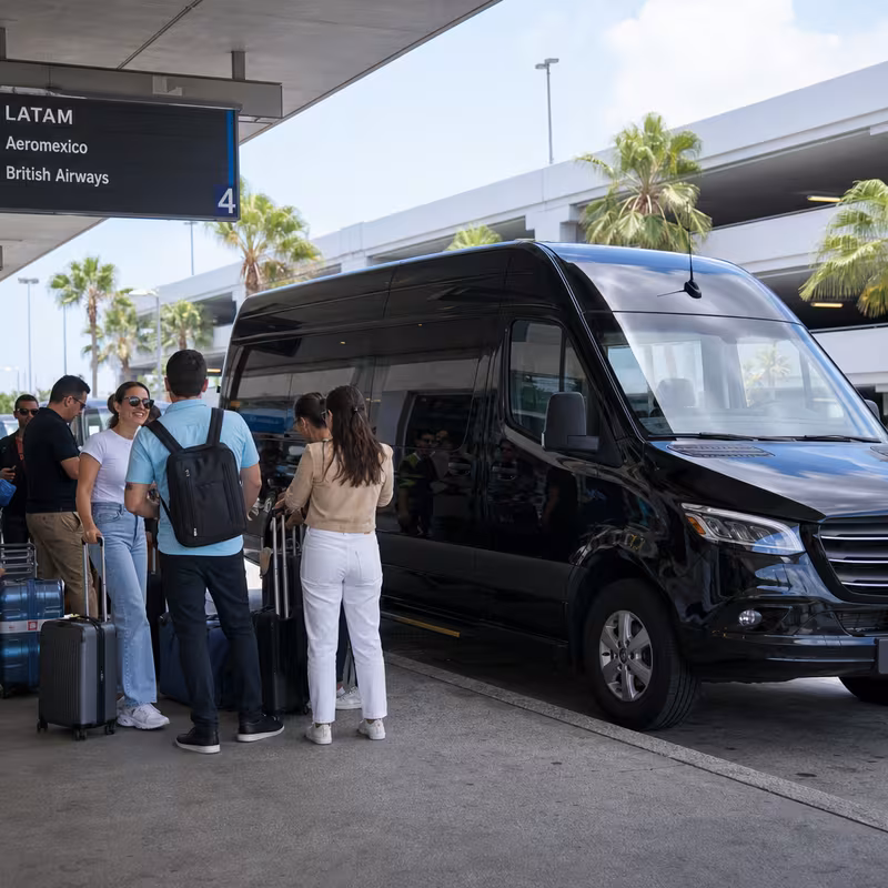 Group boarding a white charter bus for Airport Transportation transportation in Miami