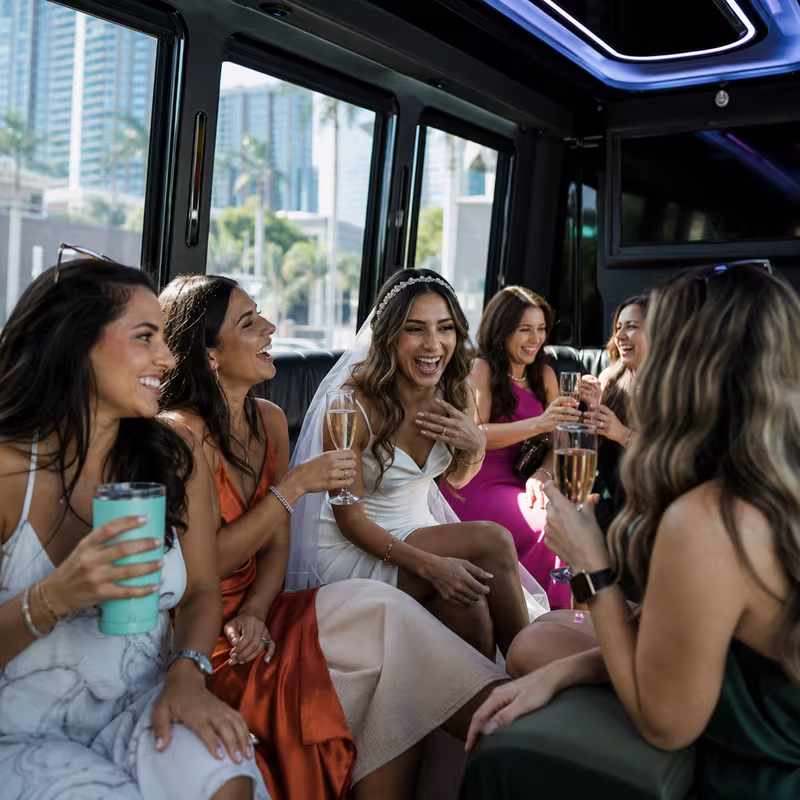 Party bus interior with wraparound leather seating and LED lighting in Miami