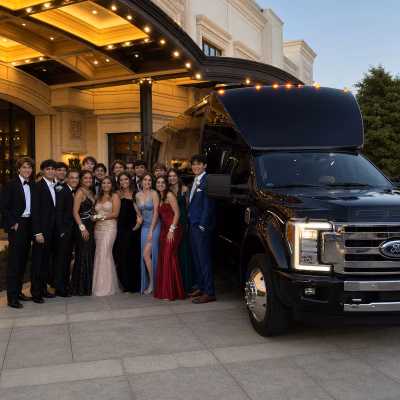 Party bus interior with wraparound leather seating and LED lighting in Miami