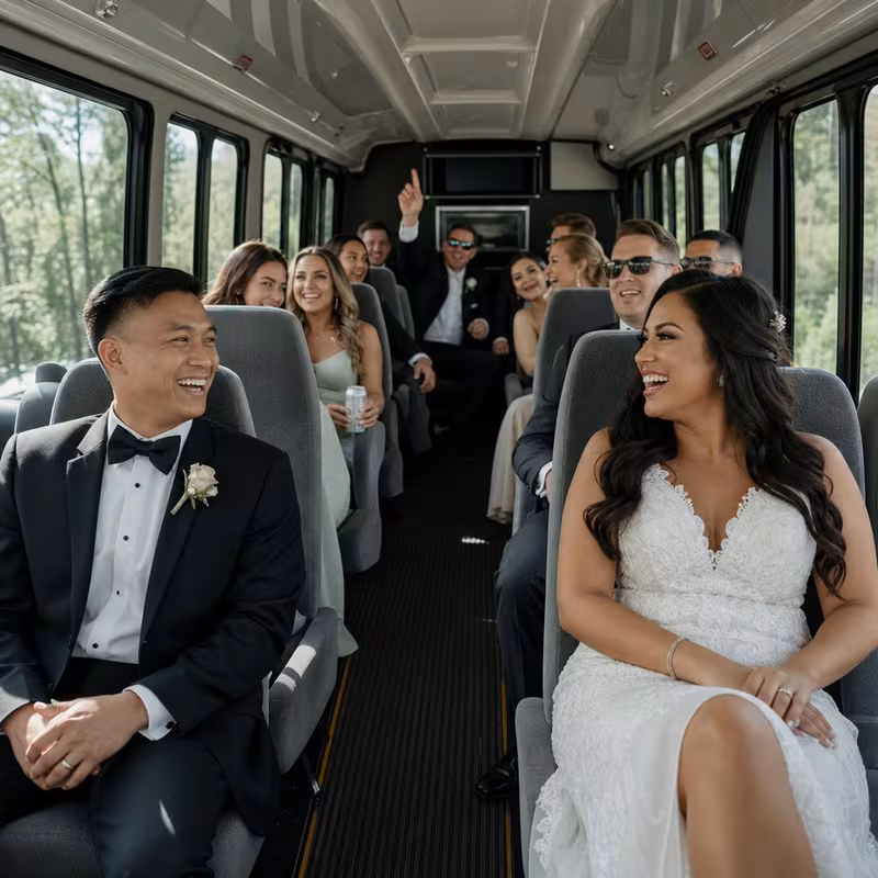 Group boarding a white charter bus for Wedding Transportation transportation in Miami