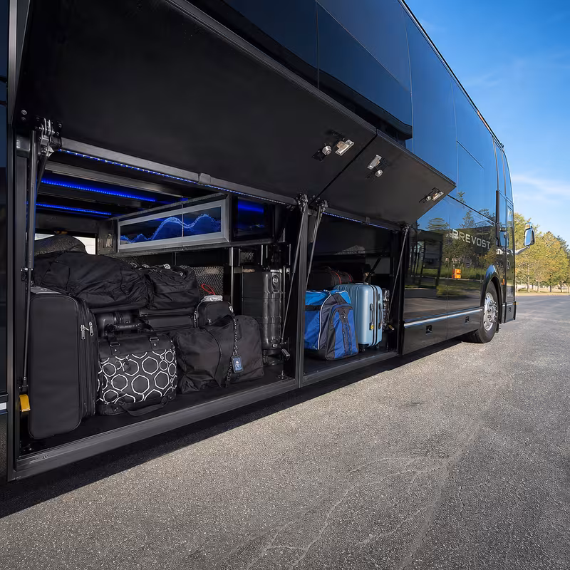 Party bus interior with wraparound leather seating and LED lighting in Miami